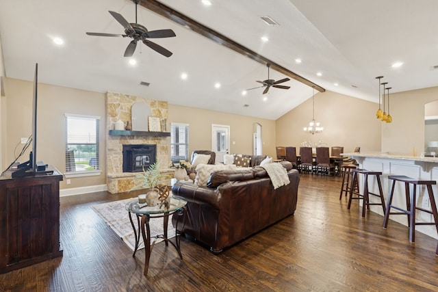 320 Tate Cir, Sherman, TX 75090 - living area with ceiling fan, dark wood-style flooring, a fireplace, and a chandelier