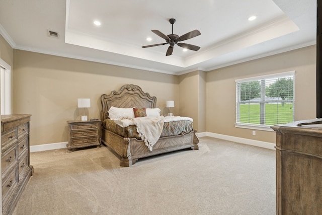 320 Tate Cir, Sherman, TX 75090 - bedroom with a raised ceiling, light carpet, ornamental molding, recessed lighting, and a ceiling fan