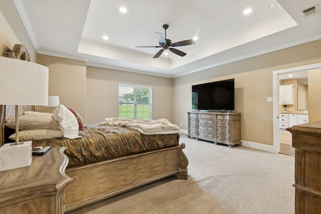 320 Tate Cir, Sherman, TX 75090 - bedroom with a tray ceiling, light carpet, recessed lighting, ornamental molding, and a ceiling fan