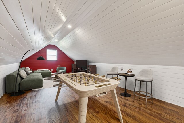 320 Tate Cir, Sherman, TX 75090 - recreation room featuring vaulted ceiling, hardwood / wood-style floors, and wooden walls