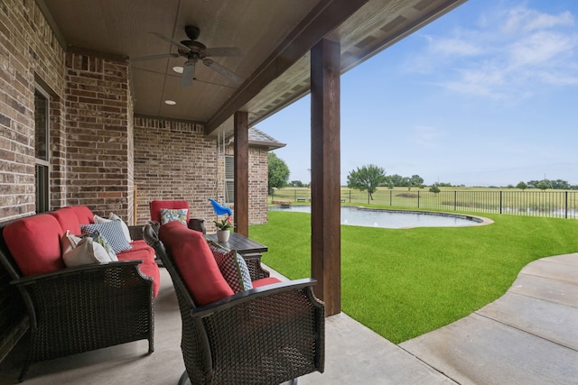 320 Tate Cir, Sherman, TX 75090 - fenced backyard with ceiling fan, a water view, an outdoor hangout area, and a patio