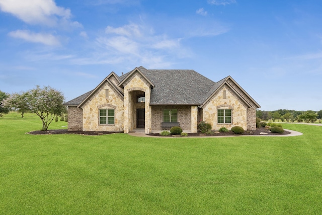 320 Tate Cir, Sherman, TX 75090 - french country inspired facade featuring stone siding, a front yard, and roof with shingles