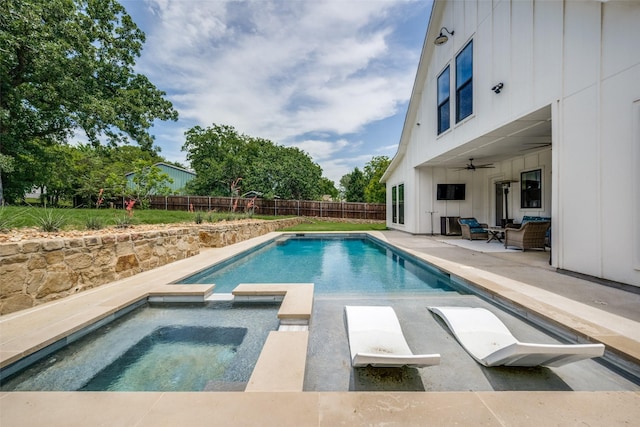 310 Oak Dr, Argyle, TX 76226 - view of pool with a ceiling fan, a fenced backyard, a patio area, an outdoor hangout area, and a pool with connected hot tub