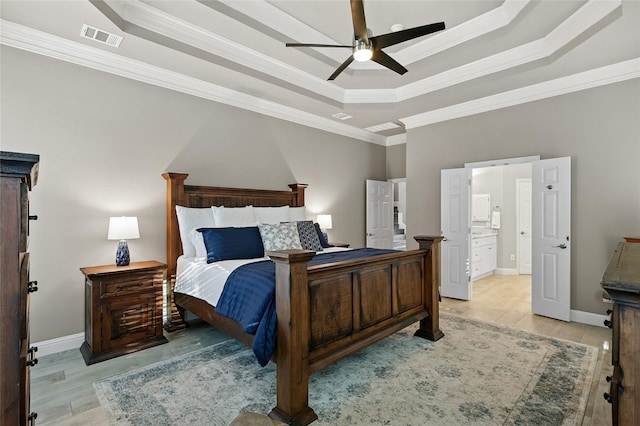 730 Emerald Sound Blvd, Oak Point, TX 75068 - bedroom featuring a tray ceiling, ornamental molding, light wood finished floors, and a ceiling fan