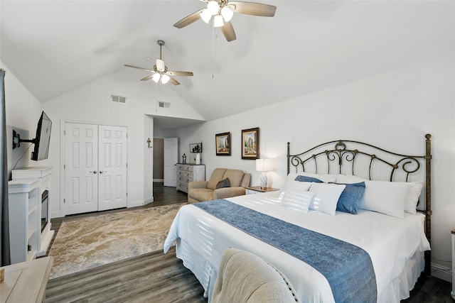 730 Emerald Sound Blvd, Oak Point, TX 75068 - bedroom featuring wood finished floors, a closet, ceiling fan, and high vaulted ceiling