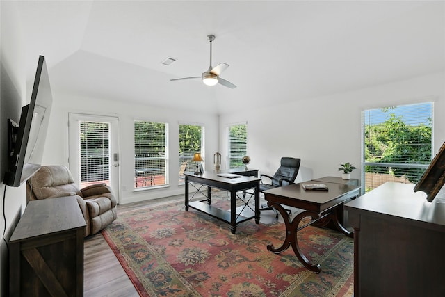 730 Emerald Sound Blvd, Oak Point, TX 75068 - home office featuring healthy amount of natural light, ceiling fan, light wood-style floors, and vaulted ceiling