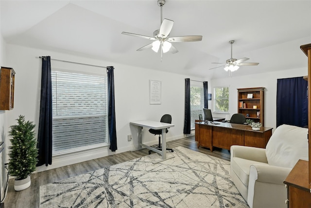 730 Emerald Sound Blvd, Oak Point, TX 75068 - home office featuring wood finished floors, a ceiling fan, and vaulted ceiling