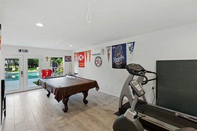 730 Emerald Sound Blvd, Oak Point, TX 75068 - game room with french doors, a wall mounted air conditioner, light wood-style floors, recessed lighting, and pool table