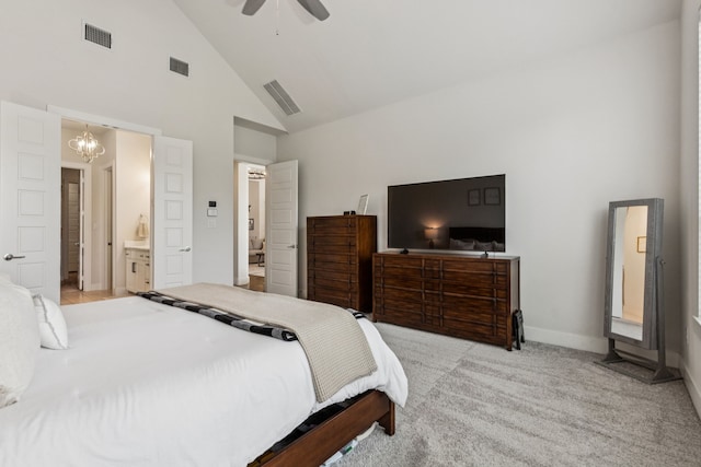 3364 Waverly Dr, Celina, TX 75009 - bedroom with high vaulted ceiling, a chandelier, light carpet, ceiling fan, and connected bathroom