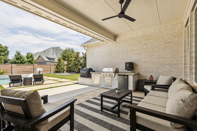 3364 Waverly Dr, Celina, TX 75009 - fenced backyard featuring area for grilling, an outdoor hangout area, a ceiling fan, and a patio area