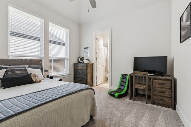 3364 Waverly Dr, Celina, TX 75009 - carpeted bedroom featuring lofted ceiling, ensuite bathroom, and ceiling fan