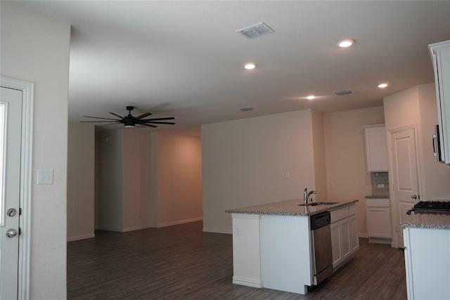 423 Pepperbark Ave, Princeton, TX 75407 - kitchen featuring dishwasher, dark wood finished floors, a kitchen island with sink, white cabinetry, and recessed lighting