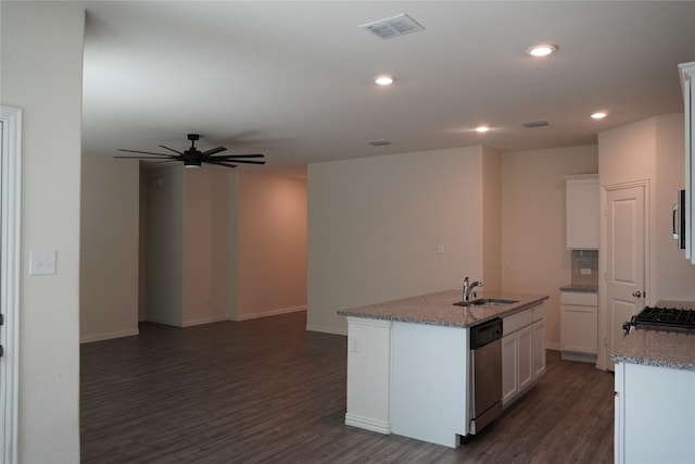 423 Pepperbark Ave, Princeton, TX 75407 - kitchen with dishwasher, dark wood finished floors, a ceiling fan, an island with sink, and white cabinets