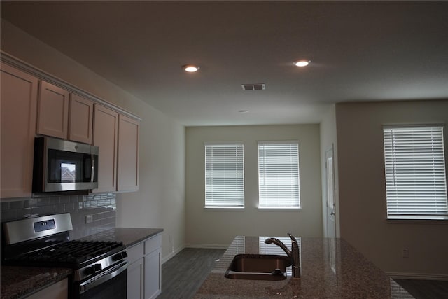 423 Pepperbark Ave, Princeton, TX 75407 - kitchen featuring appliances with stainless steel finishes, dark wood-style flooring, tasteful backsplash, dark stone counters, and recessed lighting