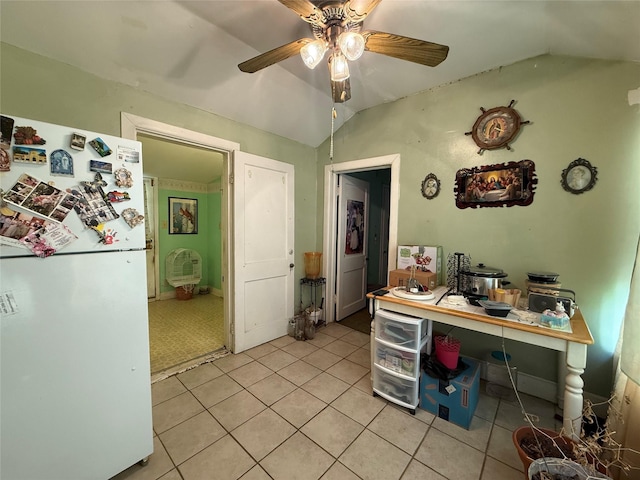 7032 Wofford Ave, Dallas, TX 75227 - office area with lofted ceiling, light tile patterned flooring, and ceiling fan