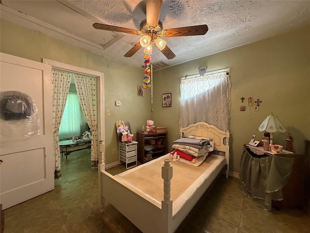 7032 Wofford Ave, Dallas, TX 75227 - bedroom featuring attic access, ceiling fan, and a textured ceiling