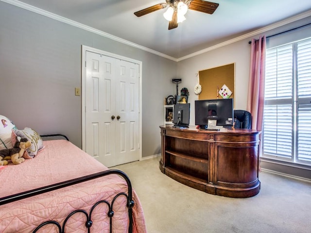 7204 Canongate Dr, Dallas, TX 75248 - carpeted bedroom with multiple windows, ornamental molding, ceiling fan, and a closet