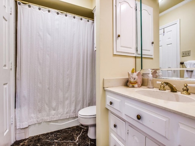 7204 Canongate Dr, Dallas, TX 75248 - bathroom with vanity, marble finish floors, crown molding, and shower / bathtub combination with curtain
