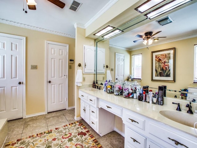 7204 Canongate Dr, Dallas, TX 75248 - full bathroom with a ceiling fan, crown molding, double vanity, and tile patterned flooring