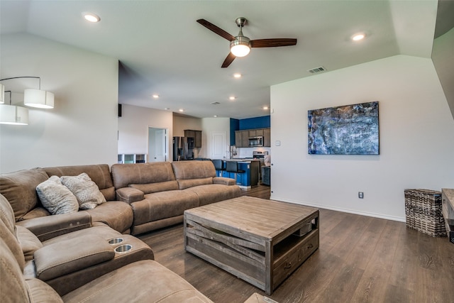 1315 Blessed Ln, Royse City, TX 75189 - living room with a ceiling fan, dark wood finished floors, recessed lighting, and lofted ceiling