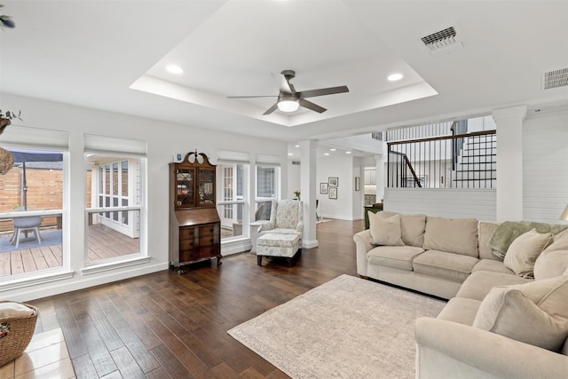 1702 Cheyenne Dr, Richardson, TX 75080 - living area with a raised ceiling, ceiling fan, dark wood-style flooring, stairway, and recessed lighting