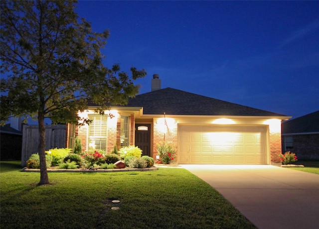 105 Windsor Dr, Forney, TX 75126 - ranch-style house with brick siding, concrete driveway, a garage, and a chimney