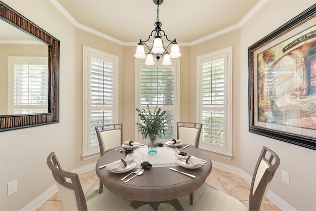 105 Windsor Dr, Forney, TX 75126 - dining room with light tile patterned flooring, a chandelier, and ornamental molding