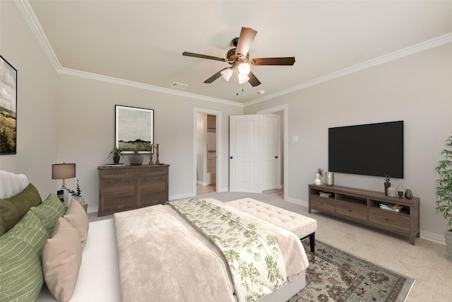 105 Windsor Dr, Forney, TX 75126 - bedroom featuring ornamental molding, light colored carpet, and a ceiling fan
