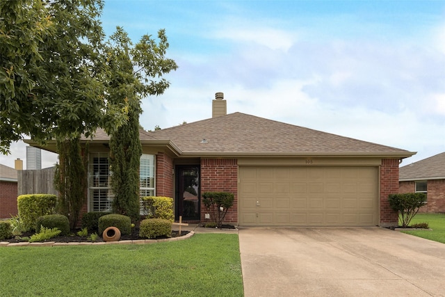 105 Windsor Dr, Forney, TX 75126 - ranch-style house featuring brick siding, a garage, driveway, a front yard, and a chimney