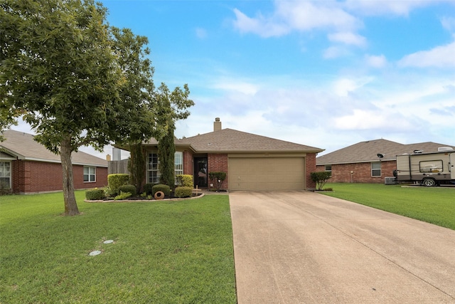 105 Windsor Dr, Forney, TX 75126 - ranch-style home with brick siding, a garage, concrete driveway, a front yard, and a chimney