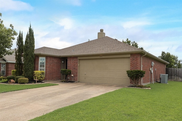 105 Windsor Dr, Forney, TX 75126 - single story home with driveway, a garage, brick siding, a chimney, and roof with shingles
