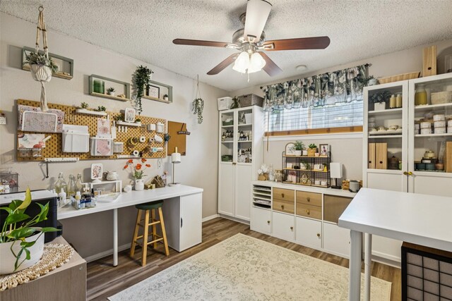 3244 Gail Ct, Irving, TX 75060 - kitchen with a textured ceiling, ceiling fan, open shelves, wood finished floors, and light countertops