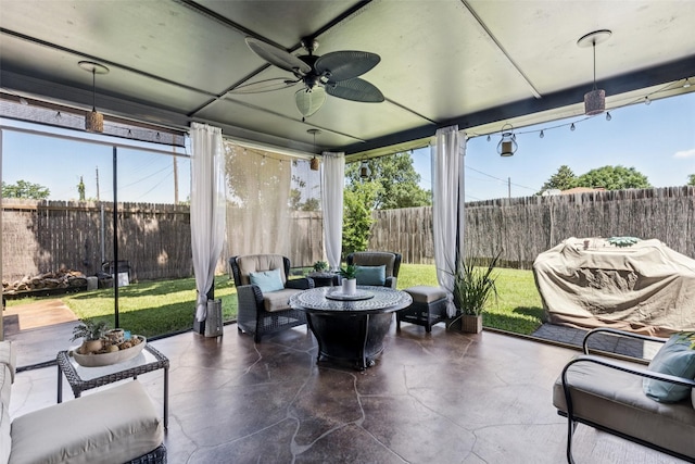 3244 Gail Ct, Irving, TX 75060 - sunroom featuring ceiling fan and outdoor lounge area