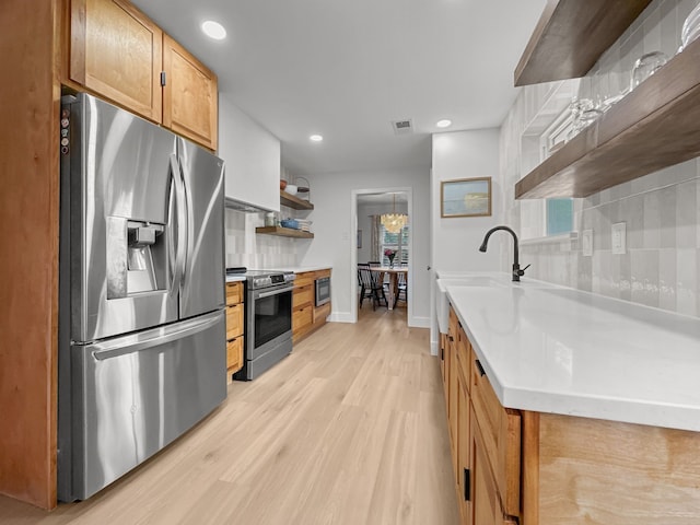 312 Meadowlark Dr, Richardson, TX 75080 - kitchen with appliances with stainless steel finishes, open shelves, tasteful backsplash, light wood-style floors, and light countertops