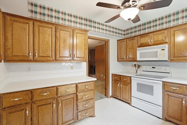 2909 Dover Dr, Sherman, TX 75092 - kitchen featuring white appliances, brown cabinetry, tasteful backsplash, and light countertops