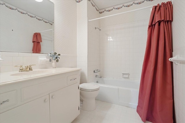 2909 Dover Dr, Sherman, TX 75092 - bathroom with shower / bath combo, vanity, wallpapered walls, tile patterned floors, and tile walls