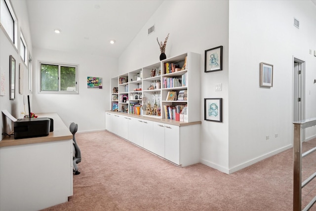 613 N Bailey Ave, Fort Worth, TX 76107 - home office featuring carpet, high vaulted ceiling, and recessed lighting