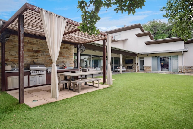 613 N Bailey Ave, Fort Worth, TX 76107 - rear view of property with stone siding, a lawn, area for grilling, and a patio