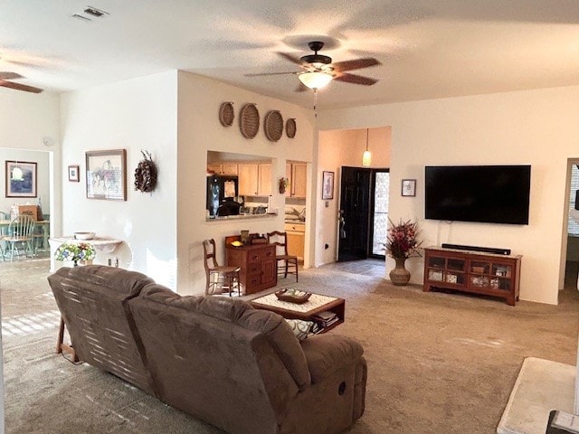 3900 Chimney Rock Dr, Denton, TX 76210 - carpeted living area featuring ceiling fan