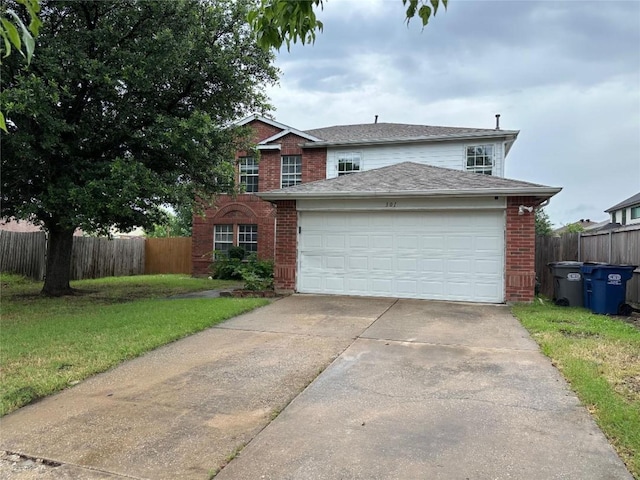 301 Longshore Dr, Little Elm, TX 75068 - traditional-style home with brick siding, concrete driveway, a garage, and a shingled roof