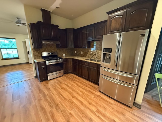 3307 Roberts Cut Off Rd, Lake Worth, TX 76114 - kitchen featuring stainless steel appliances, extractor fan, ceiling fan, tasteful backsplash, and light stone countertops