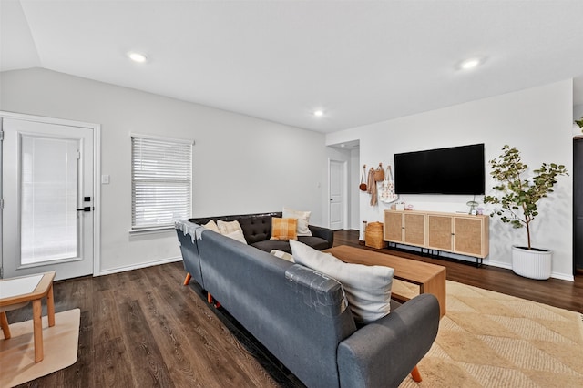 2806 Peony Dr, Sherman, TX 75092 - living area featuring dark wood-type flooring, lofted ceiling, and recessed lighting