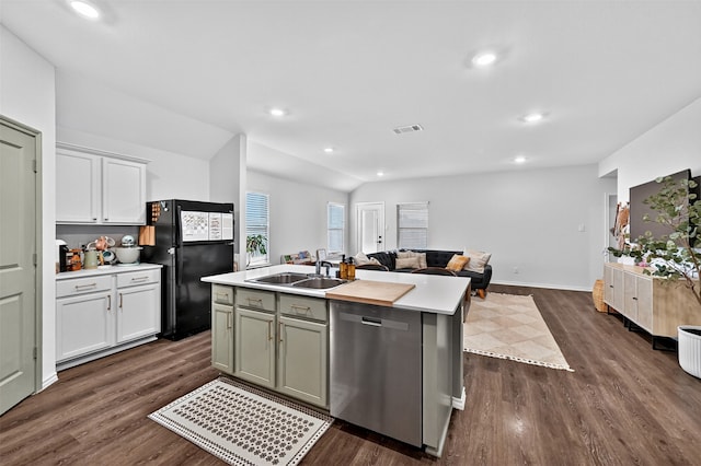 2806 Peony Dr, Sherman, TX 75092 - kitchen featuring dishwasher, freestanding refrigerator, open floor plan, light countertops, and dark wood finished floors