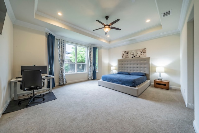 13122 Dolomite Dr, Frisco, TX 75035 - carpeted bedroom with a tray ceiling, a desk, ornamental molding, recessed lighting, and ceiling fan