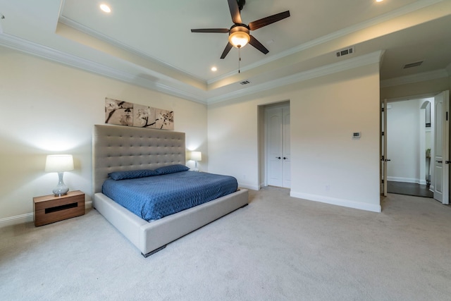 13122 Dolomite Dr, Frisco, TX 75035 - carpeted bedroom with crown molding, a tray ceiling, recessed lighting, and ceiling fan