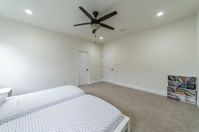13122 Dolomite Dr, Frisco, TX 75035 - bedroom featuring light carpet, recessed lighting, and ceiling fan
