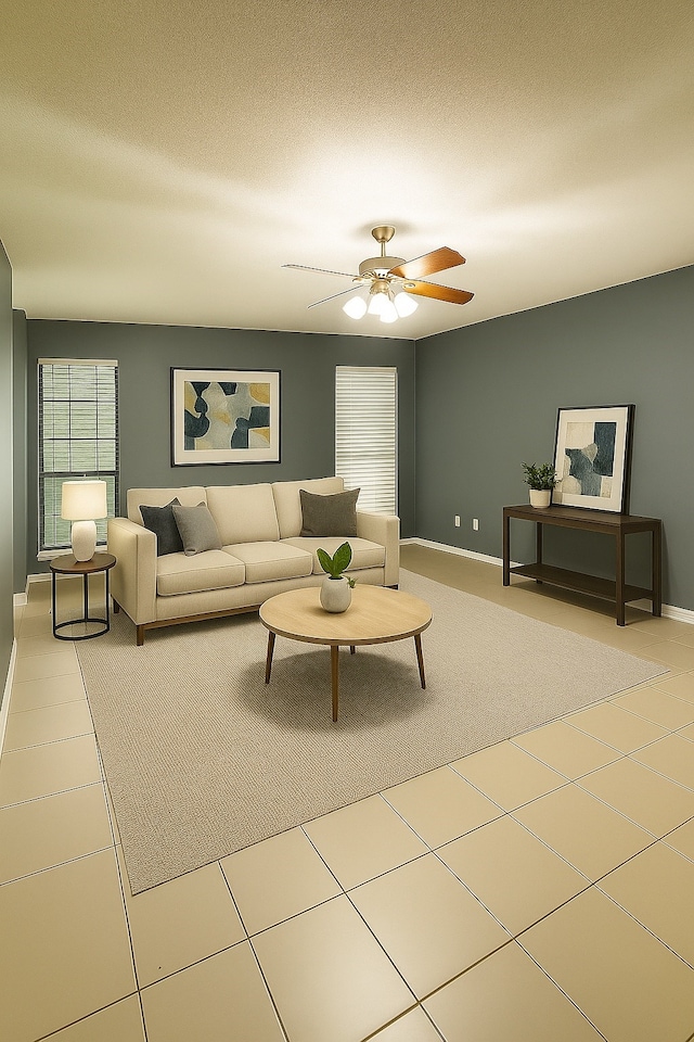 202 Modene Ave, Waxahachie, TX 75165 - tiled living area with ceiling fan and a textured ceiling