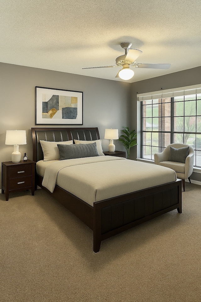 202 Modene Ave, Waxahachie, TX 75165 - carpeted bedroom featuring multiple windows, a textured ceiling, and ceiling fan