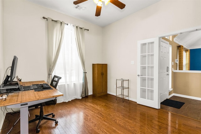 6505 Taprock Dr, Mckinney, TX 75070 - office area featuring wood finished floors, ceiling fan, and french doors