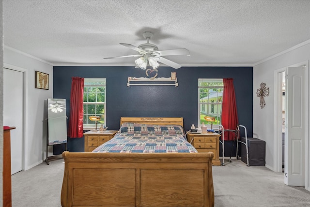 180 Vz County Road 4202, Canton, TX 75103 - bedroom featuring light carpet, multiple windows, ornamental molding, a textured ceiling, and a ceiling fan